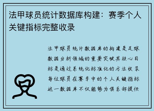 法甲球员统计数据库构建：赛季个人关键指标完整收录