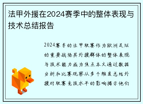 法甲外援在2024赛季中的整体表现与技术总结报告