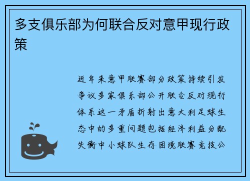 多支俱乐部为何联合反对意甲现行政策